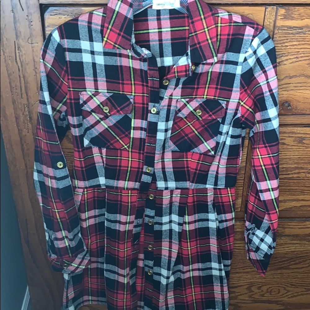 Red and White Long Plaid Shirt